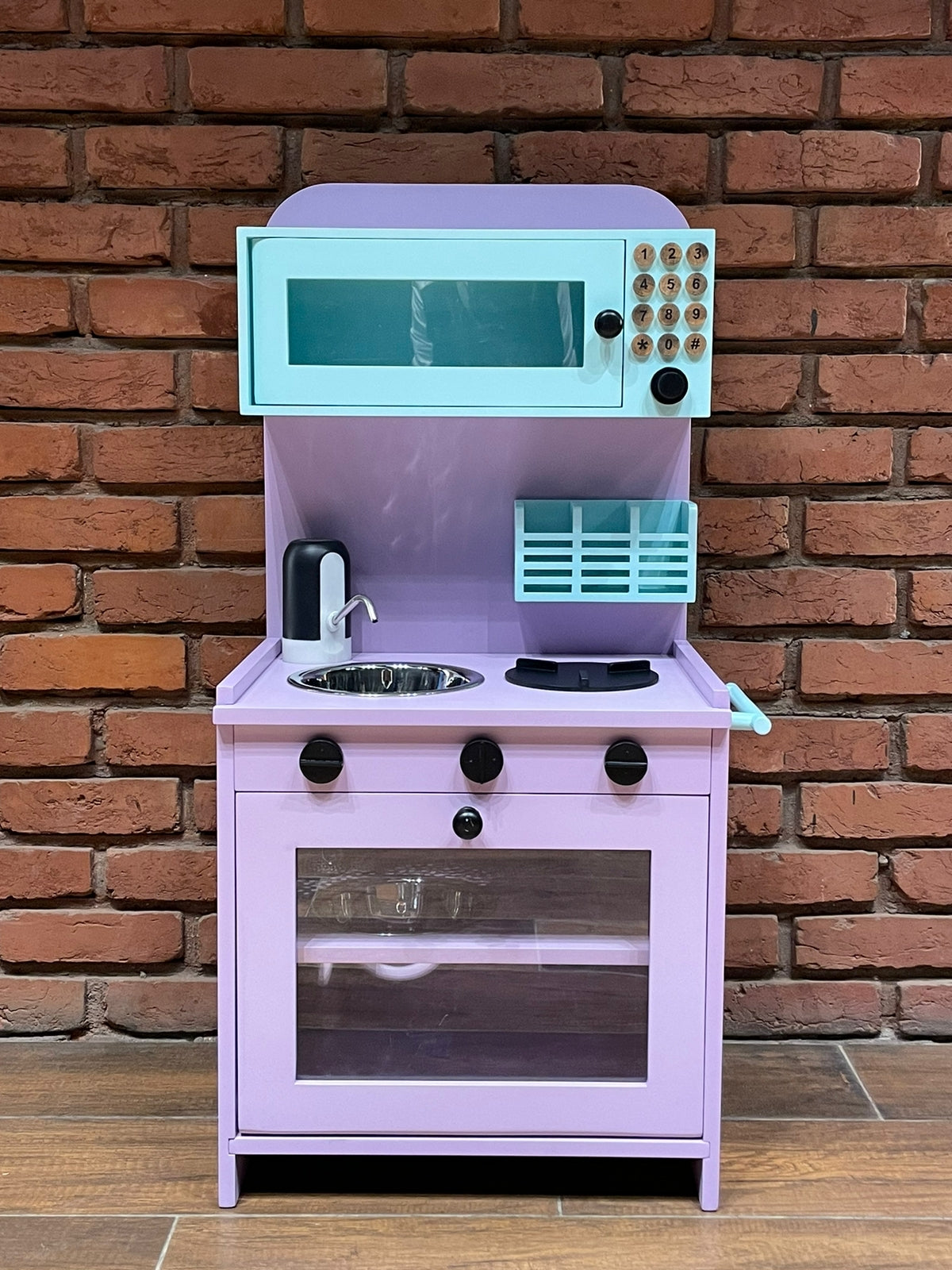 wooden play kitchen with Microwave