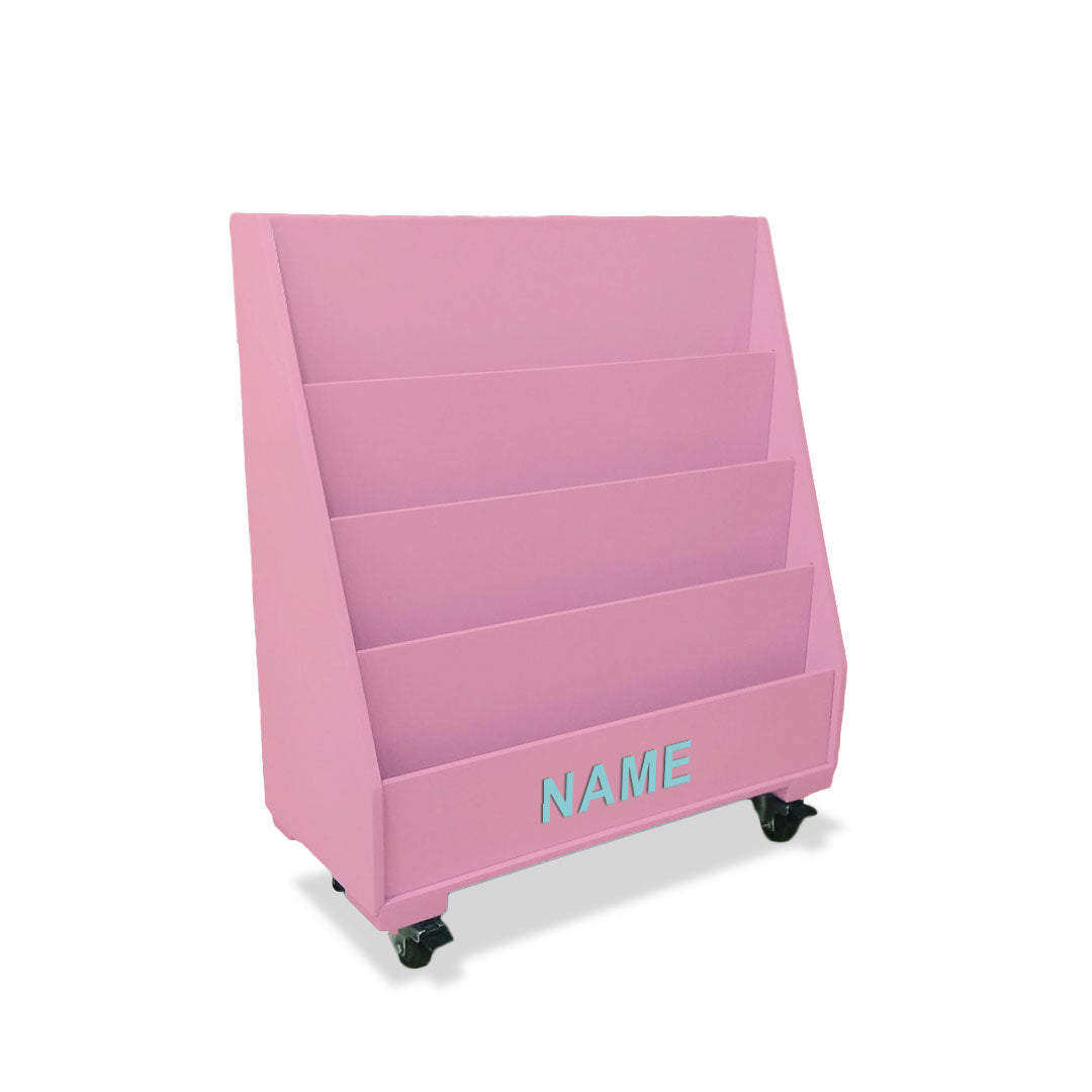 Baby pink bookshelf with wheels