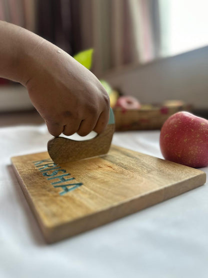 Kids wooden knife and cutting board