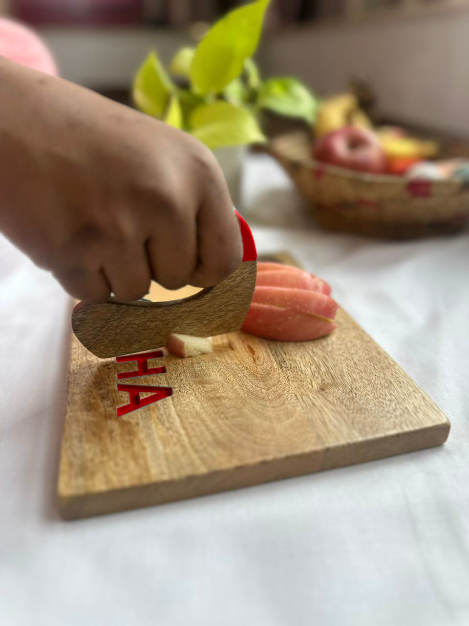 Kids wooden knife and cutting board