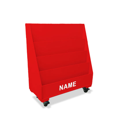 Red bookshelf with wheels