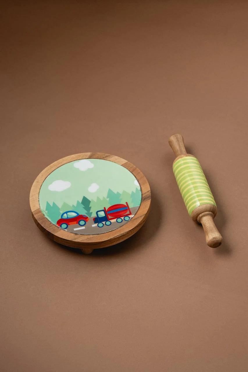 Wooden rolling pin and board with car design