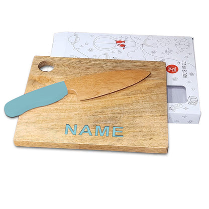 mango wooden cutting board and knife