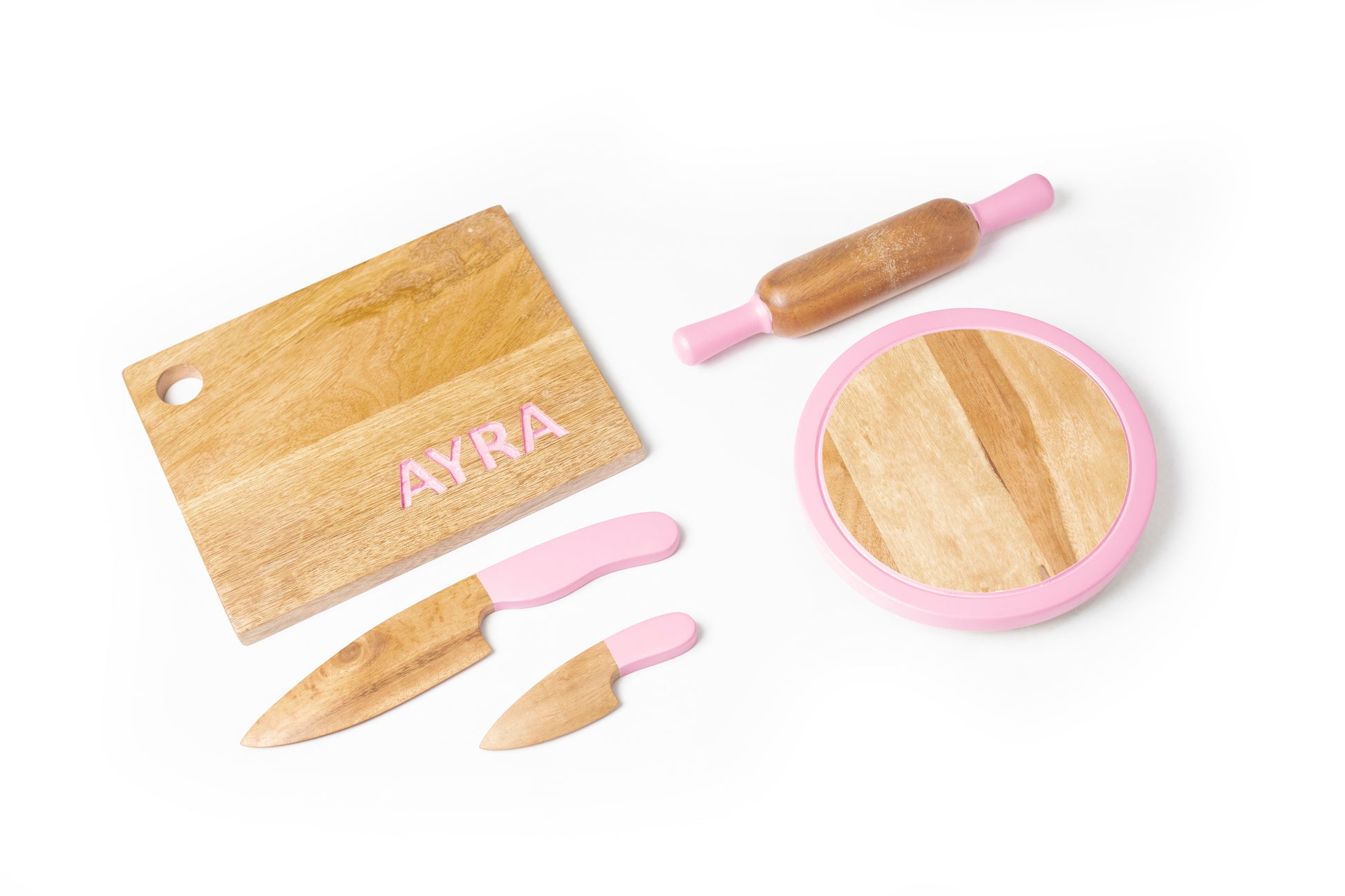 pink color wooden cooking set