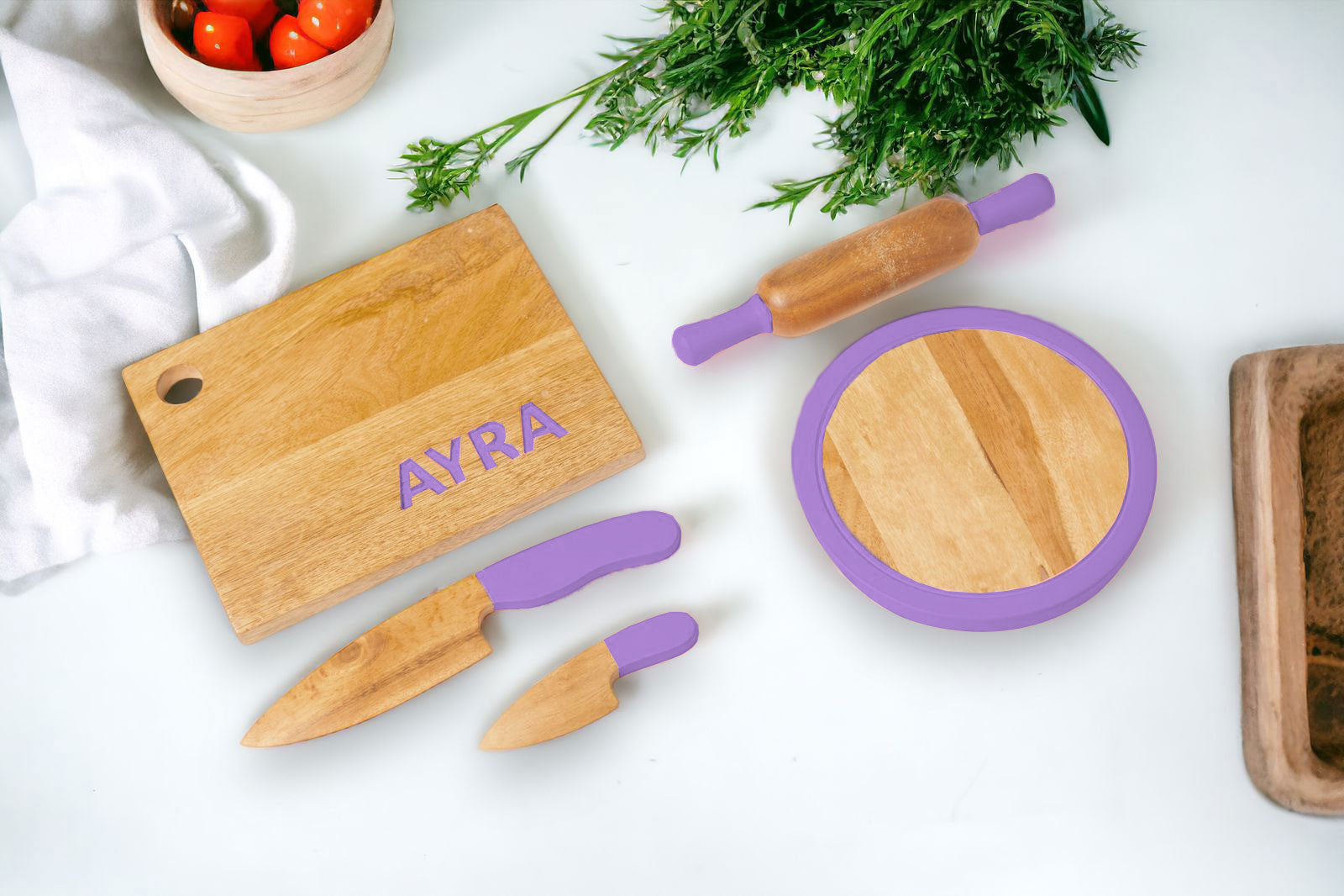 purple color wooden cooking utensils set