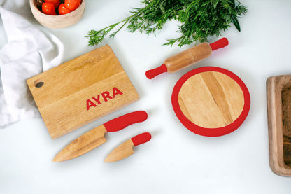 red color wooden cooking set