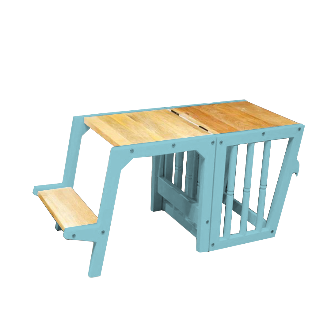 teal-colored Montessori learning tower, foldable