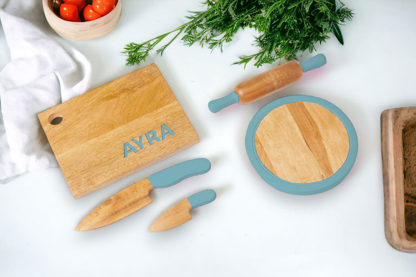 teal color montessori kitchen tools