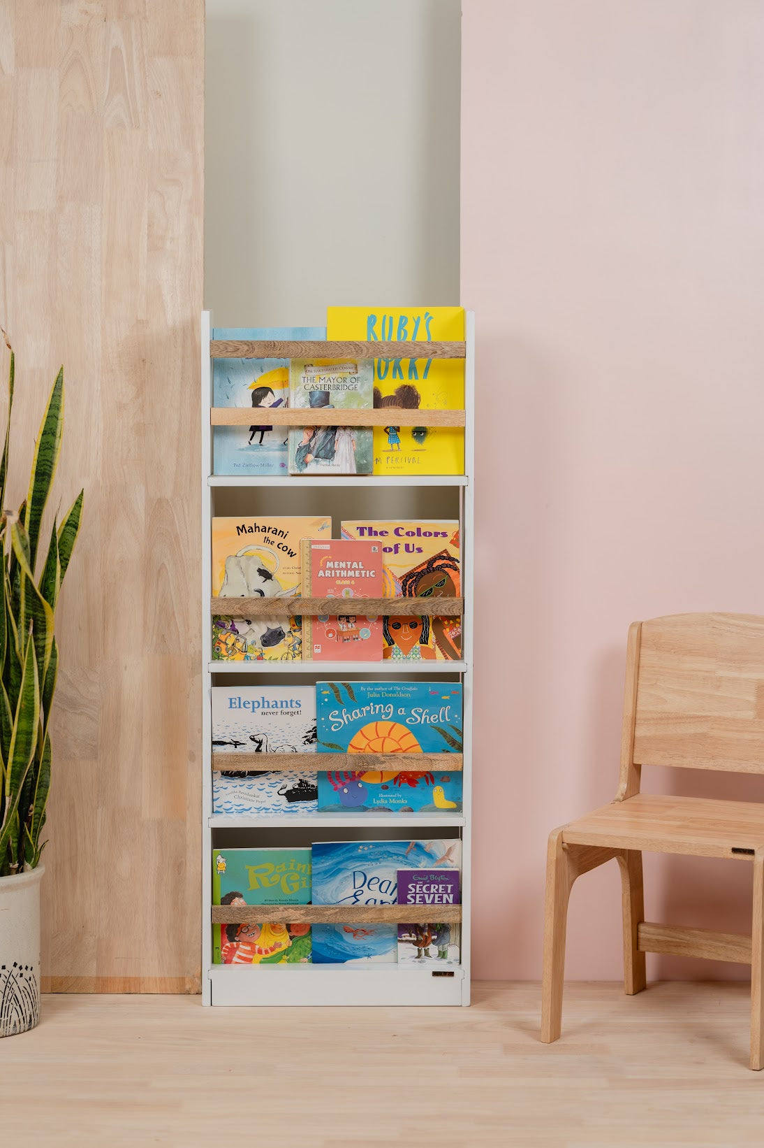 wooden front facing bookshelf