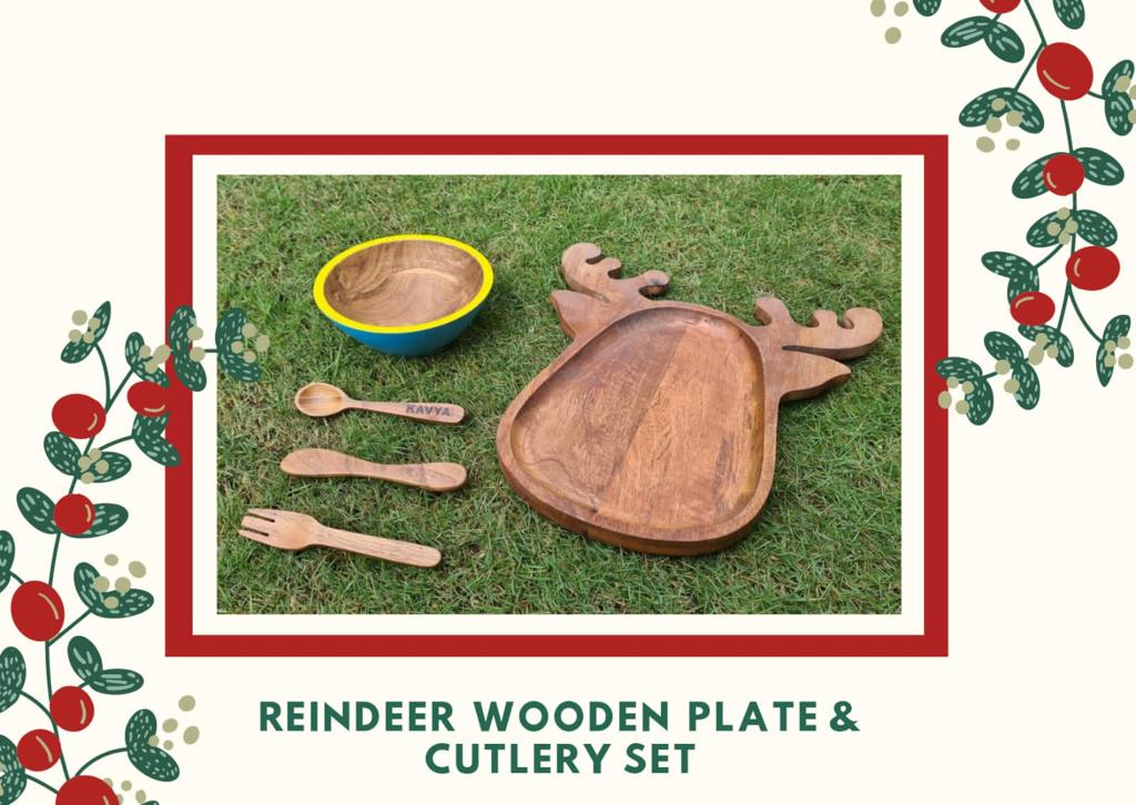 Reindeer wooden plate with cutlery - House of Zizi